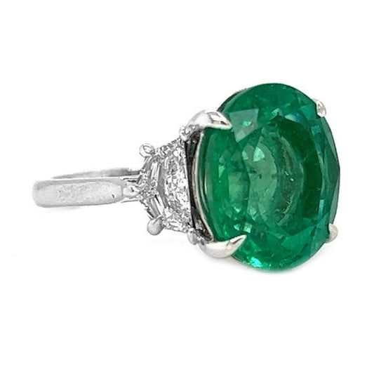 Natural Green Emerald with Shield Cut Diamond 3 Stone Ring, in White Gold