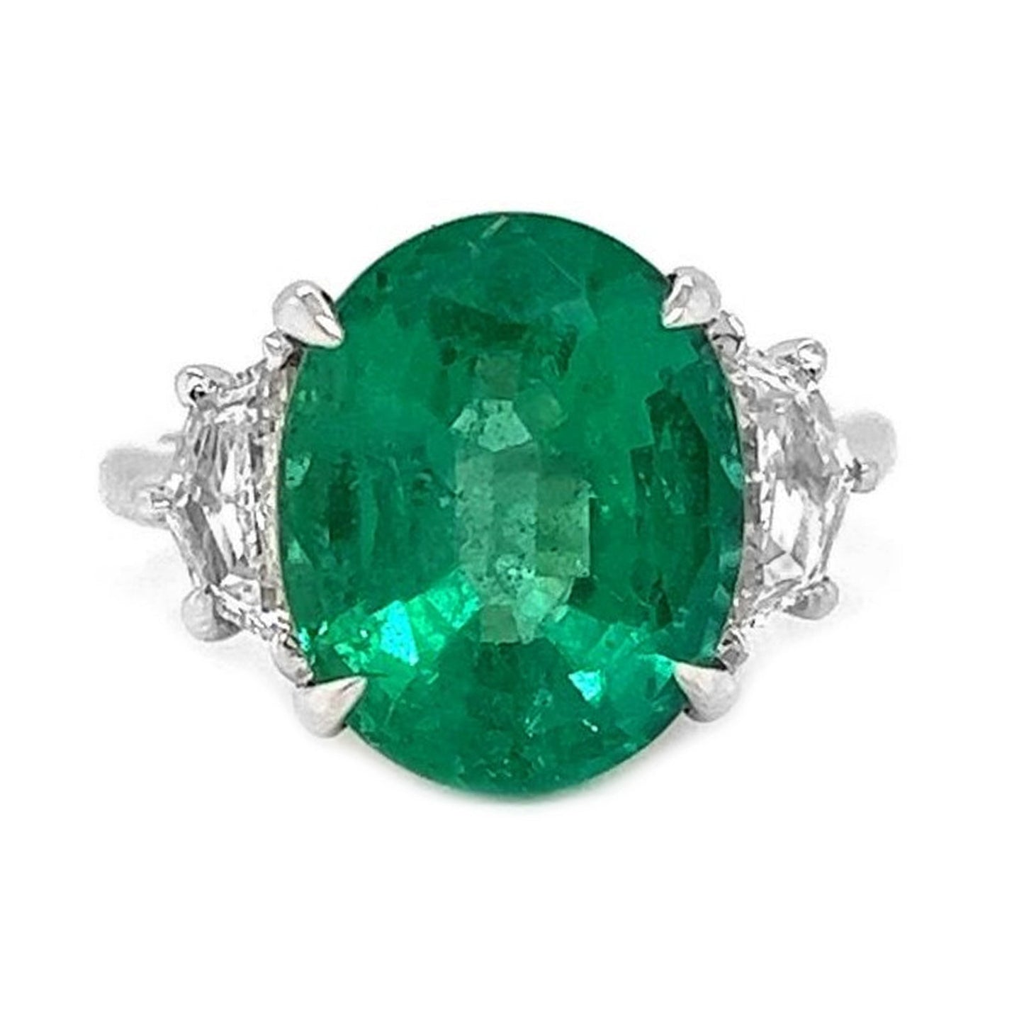 Natural Green Emerald with Shield Cut Diamond 3 Stone Ring, in White Gold