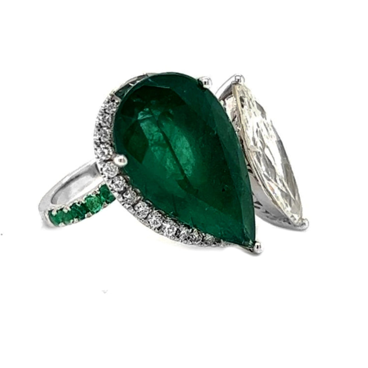 Natural Mined Pear Shaped Green Emerald and Marquise Cut Halo Bypass Ring White Gold