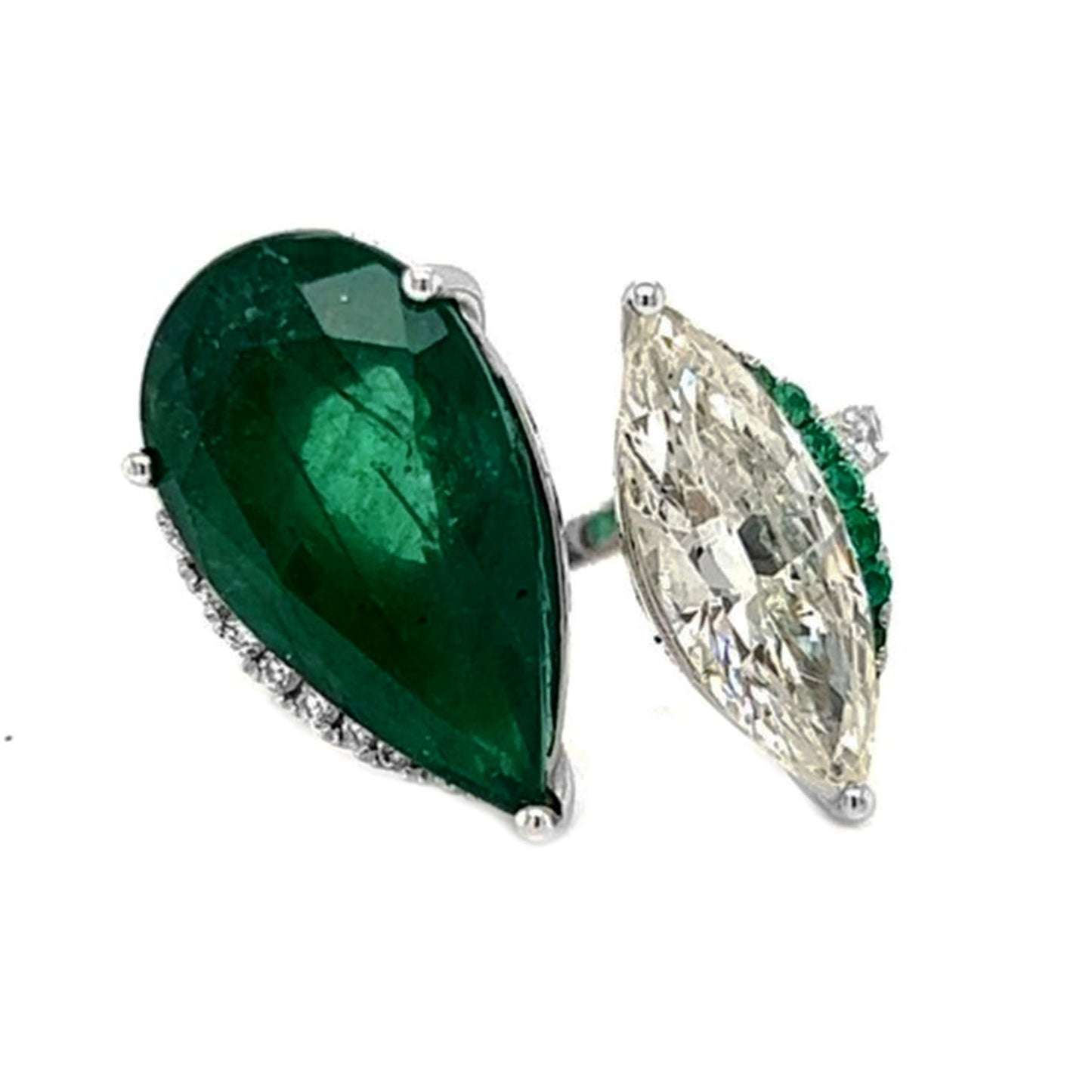 Natural Mined Pear Shaped Green Emerald and Marquise Cut Halo Bypass Ring White Gold