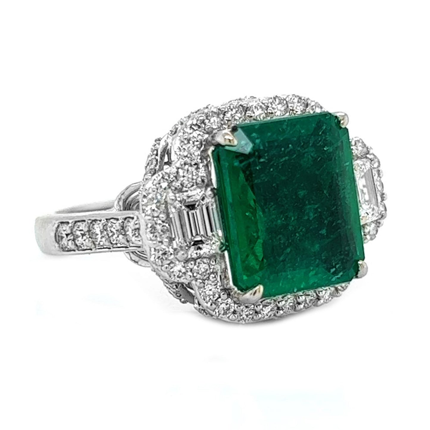 Natural Emerald Cut Green Emerald and Diamond 3 Stone Ring, in White Gold