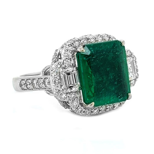 Natural Emerald Cut Green Emerald and Diamond 3 Stone Ring, in White Gold