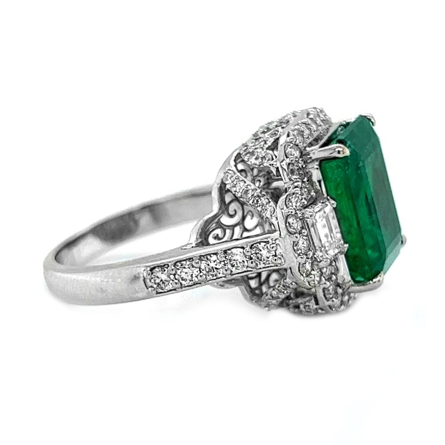 Natural Emerald Cut Green Emerald and Diamond 3 Stone Ring, in White Gold