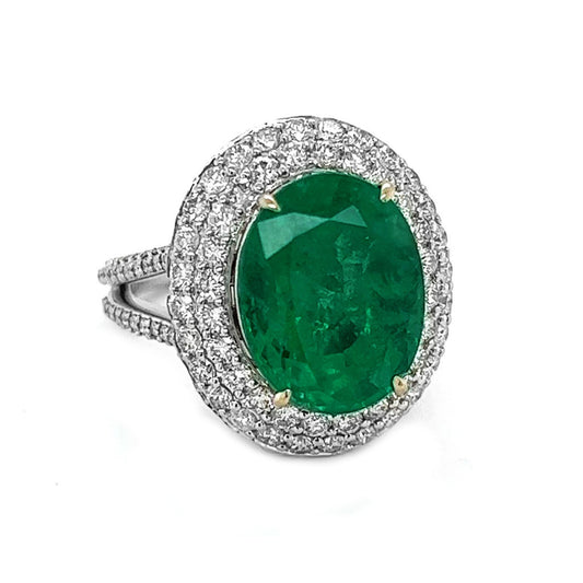 Natural Green Emerald Diamond Halo Cocktail Ring, in White Gold