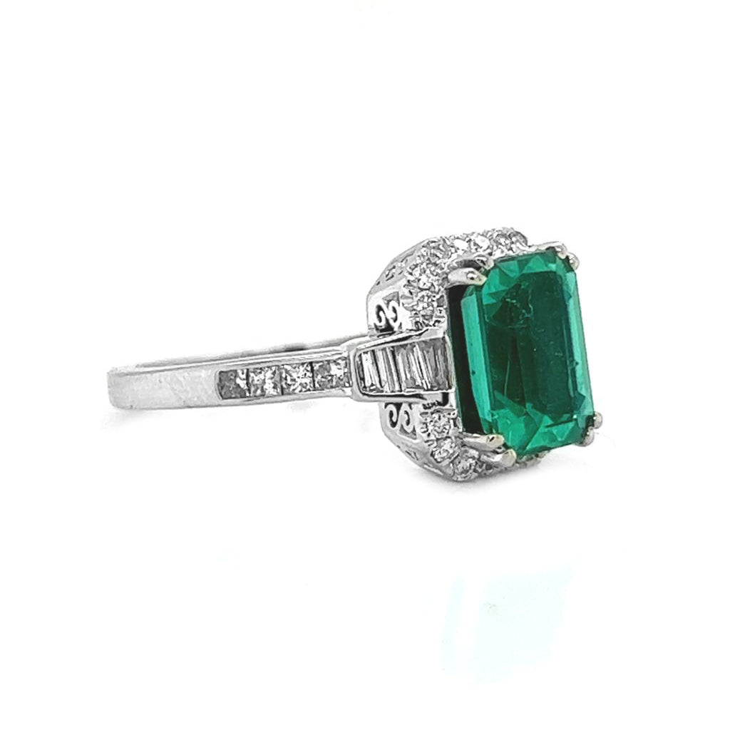 Natural Mined Emerald Cut Green Emerald and Diamond Halo Cocktail Ring White Gold