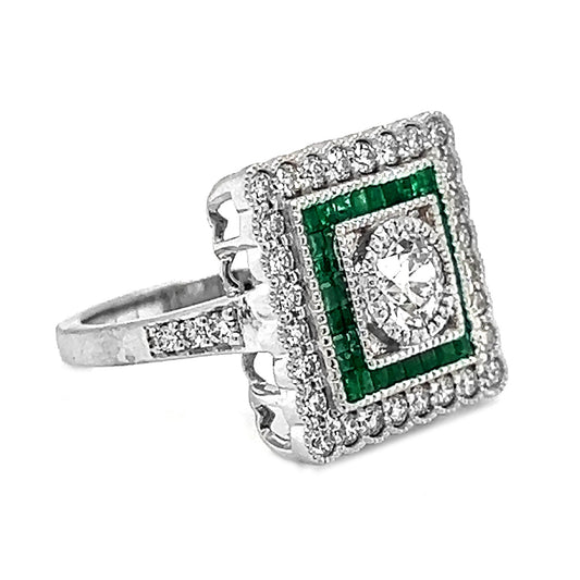 Natural Old European Cut Diamond Halo Emerald Art Deco Ring, in White Gold