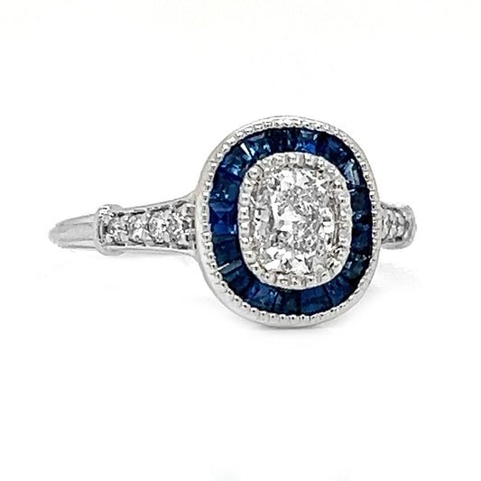 Natural Diamond and Blue Sapphire Halo Art Deco Ring, in White Gold