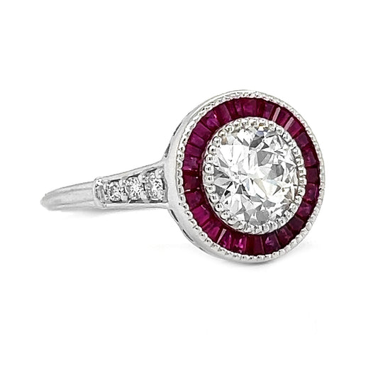 Natural Diamond and Ruby Halo Art Deco Ring, in White Gold