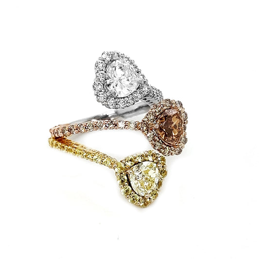 Natural Heart Shaped Fancy Yellow, Orange Brown Diamond Halo Bypass Ring, in Yellow Gold