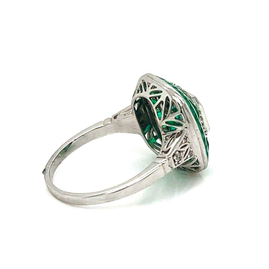 Natural Emerald Diamond Cocktail Art Deco Ring, in White Gold