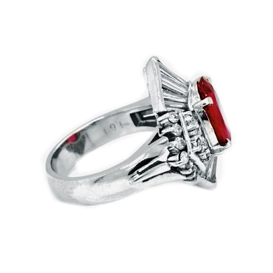 Natural Red Ruby Diamond Cluster Cocktail Platinum Ring - Pre-owned