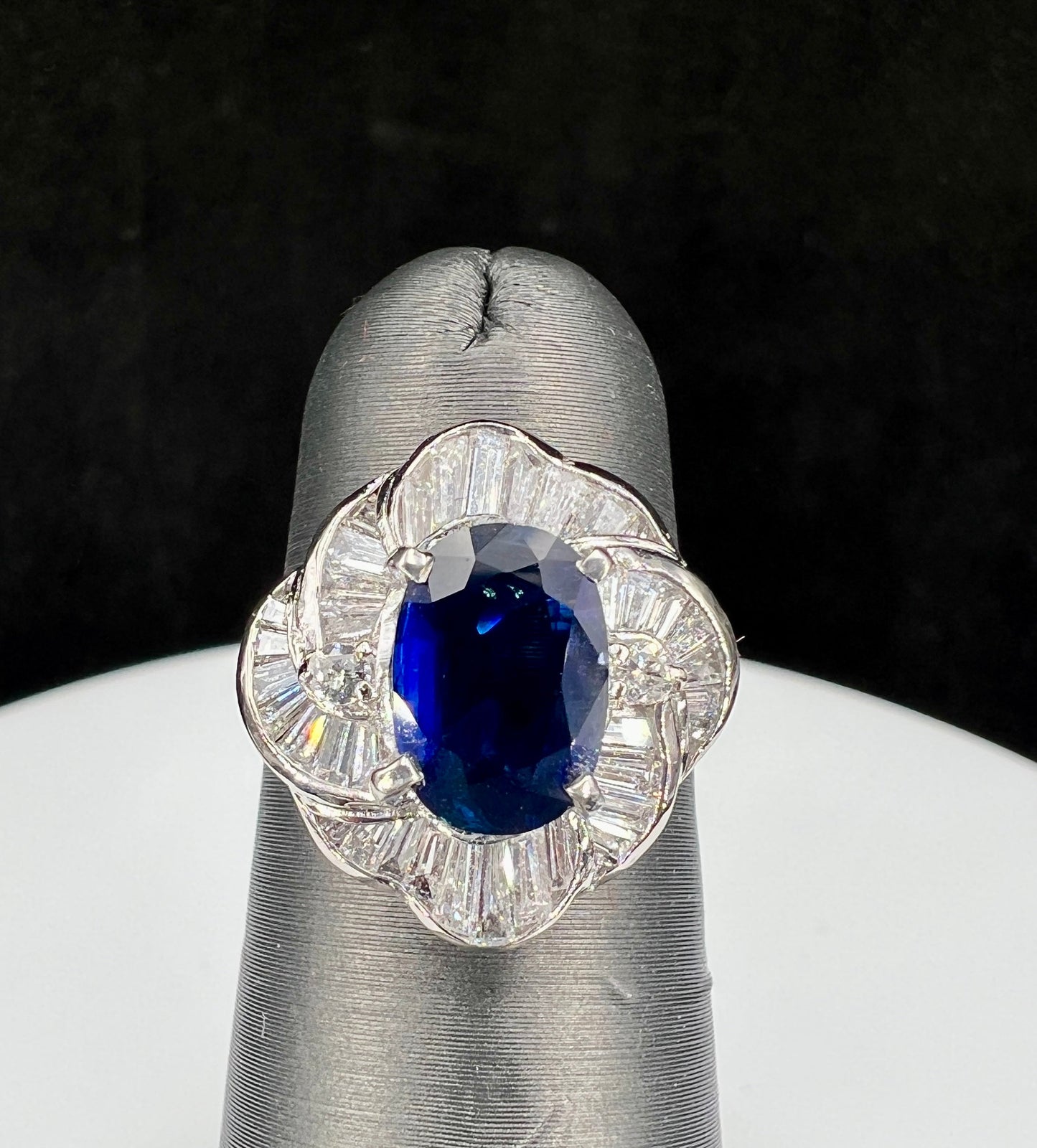 Natural Mined Blue Sapphire Diamond Cluster Halo Cocktail Ring Platinum GIA