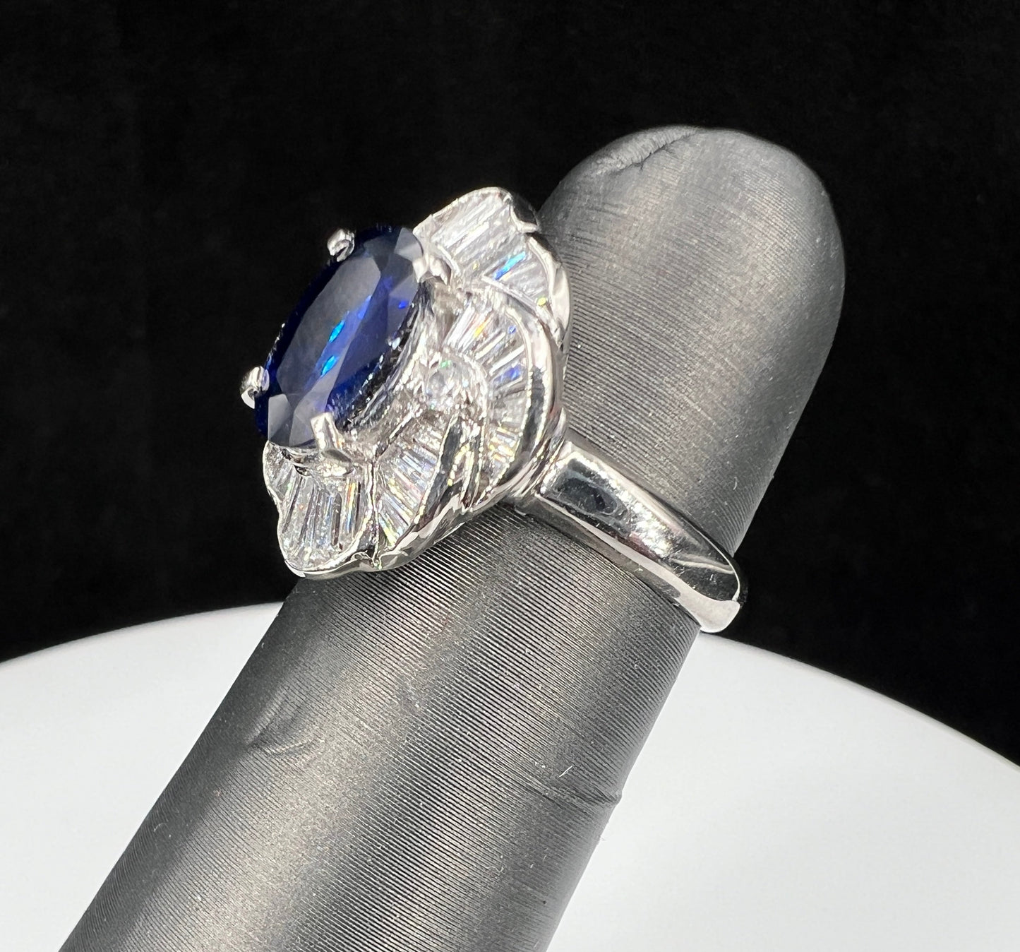 Natural Mined Blue Sapphire Diamond Cluster Halo Cocktail Ring Platinum GIA
