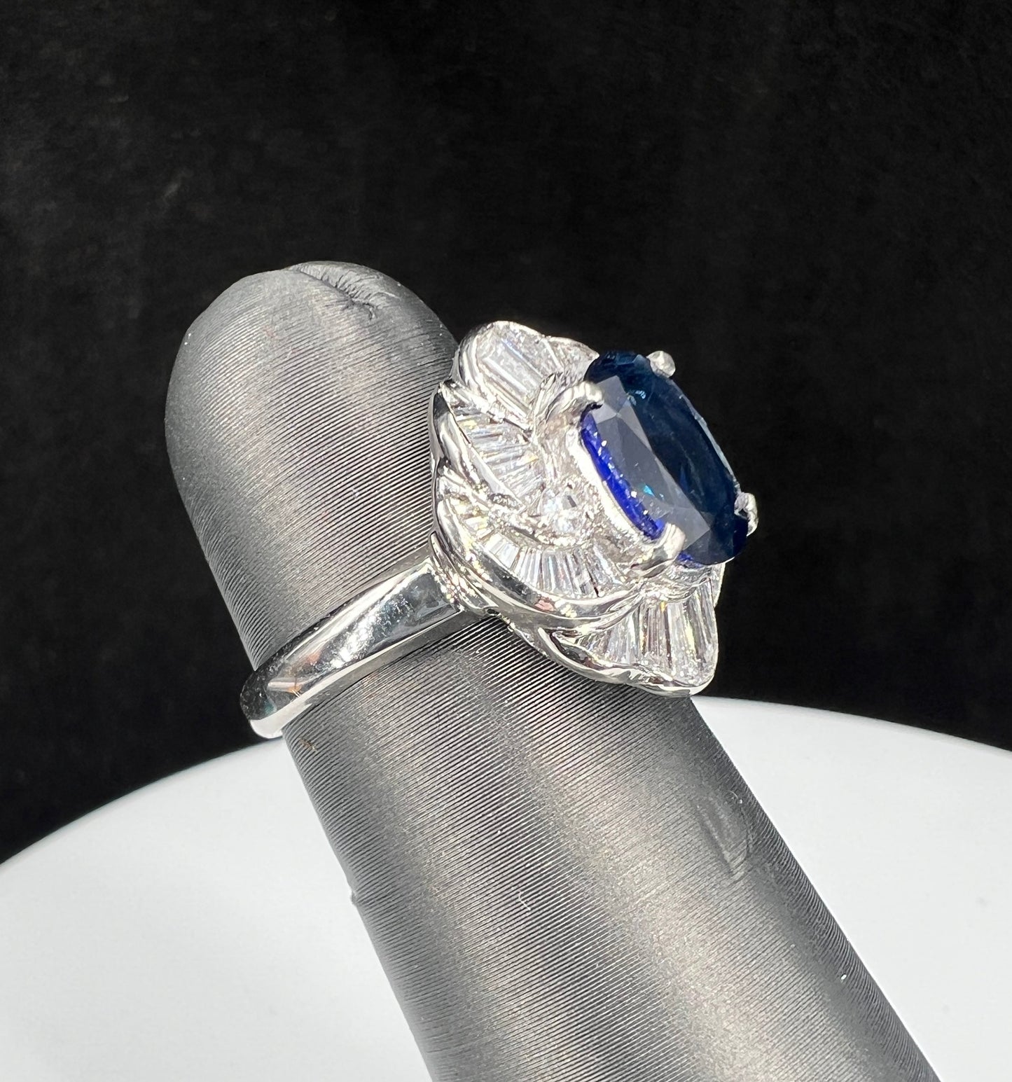 Natural Mined Blue Sapphire Diamond Cluster Halo Cocktail Ring Platinum GIA