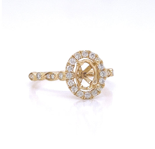 Semi-Mount Fits 7 x 5 mm with Natural Diamond Halo Ring, in Yellow Gold
