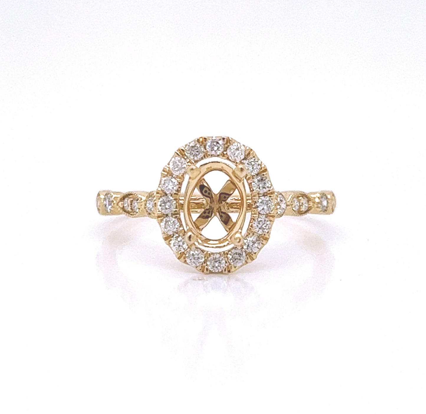 Semi-Mount Fits 7 x 5 mm with Natural Diamond Halo Ring, in Yellow Gold