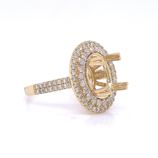Semi-Mount Fits 11 x 9 mm with Natural Round Diamond Double Halo Bridal Ring, in Yellow Gold