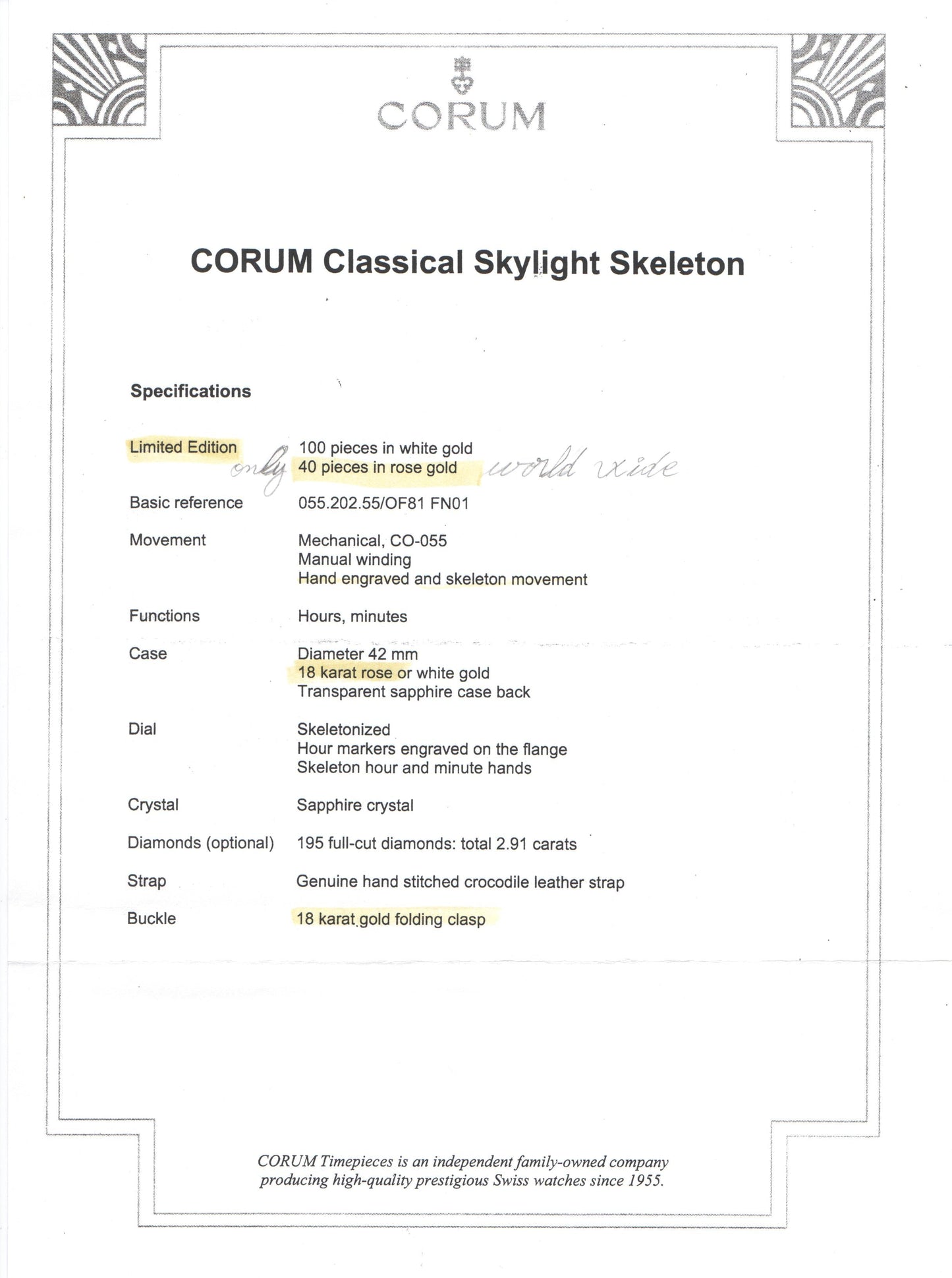 Corum Skeleton Museum 18K Rose Gold Limited Edition Watch – New