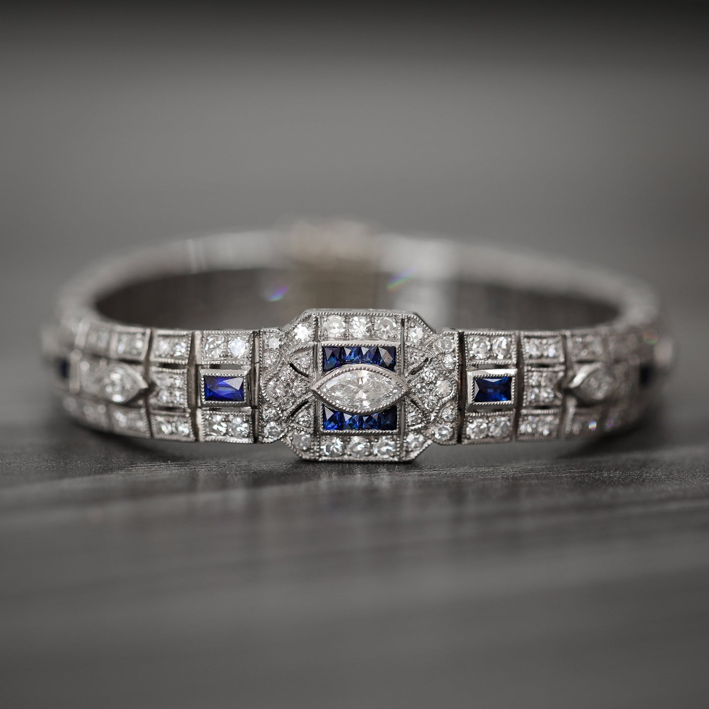 Natural Mined Diamond with Blue Sapphire Art Deco Cocktail Platinum Bracelet