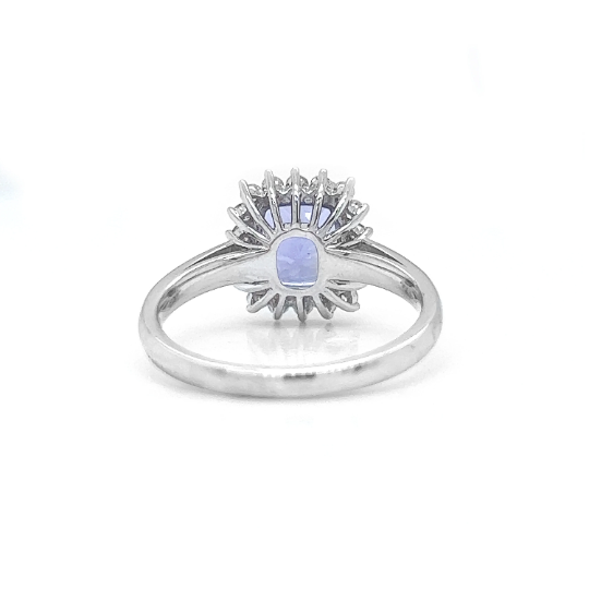 Natural Tanzanite and Diamond Halo Floral Ring, in White Gold