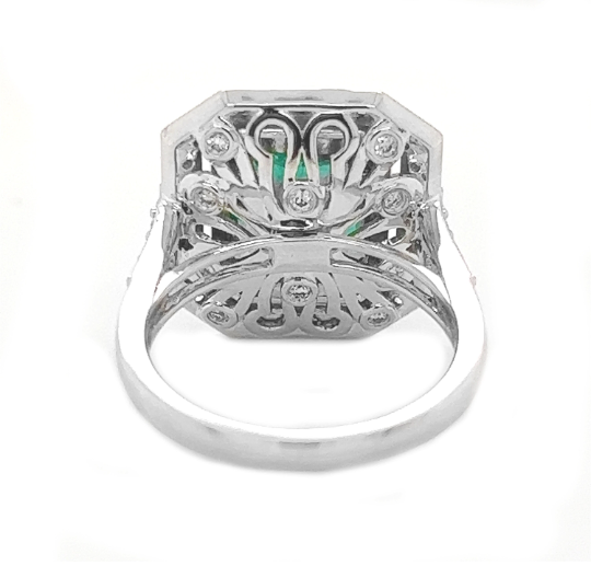 Natural Mined Emerald and Diamond Halo Cocktail Bridal Ring White Gold