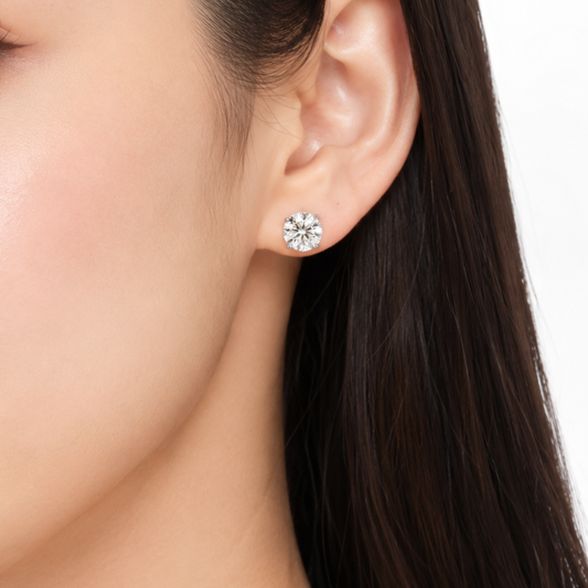 Close-up of a woman wearing a diamond stud earring on a white background
