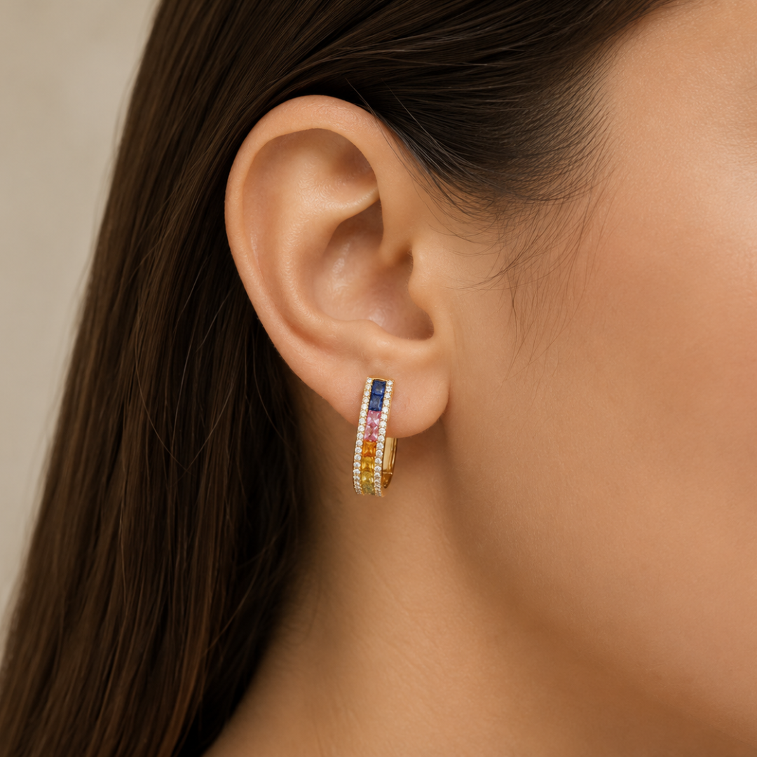 Natural Rainbow Sapphire and Diamonds Hoops Earrings, in Rose Gold - model