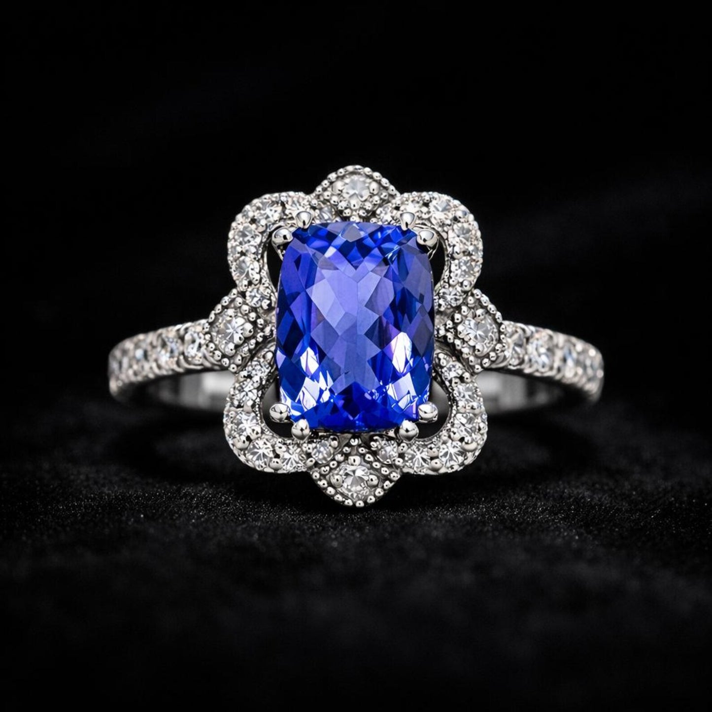 Natural Tanzanite and Diamond Art Deco Cocktail Ring, in White Gold