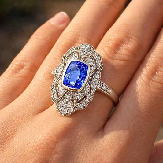 Natural Tanzanite and Diamond Cocktail Ring White Gold
