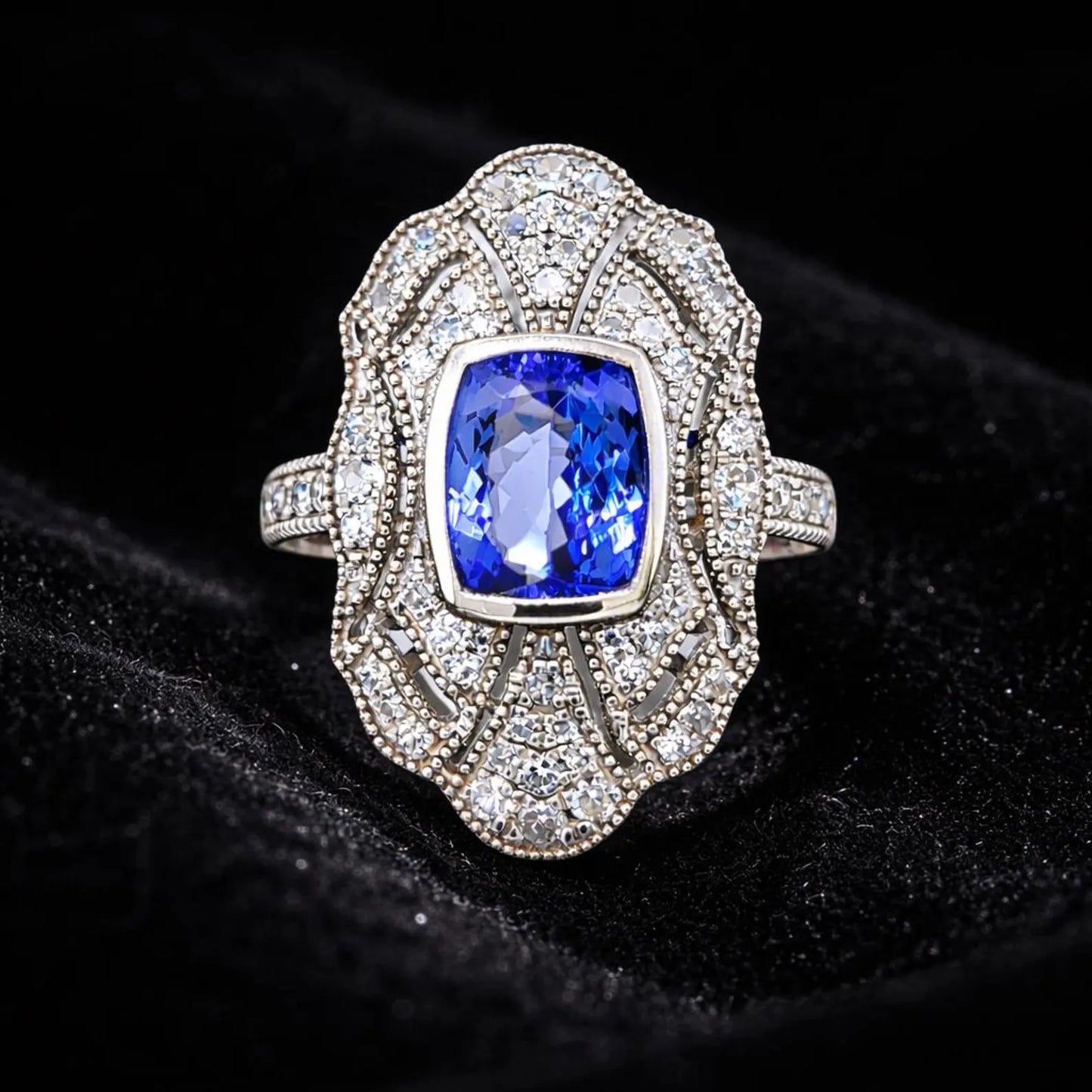 Natural Tanzanite and Diamond Cocktail Ring White Gold
