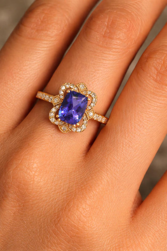 Natural Tanzanite and Diamond Cocktail Ring, in Yellow Gold