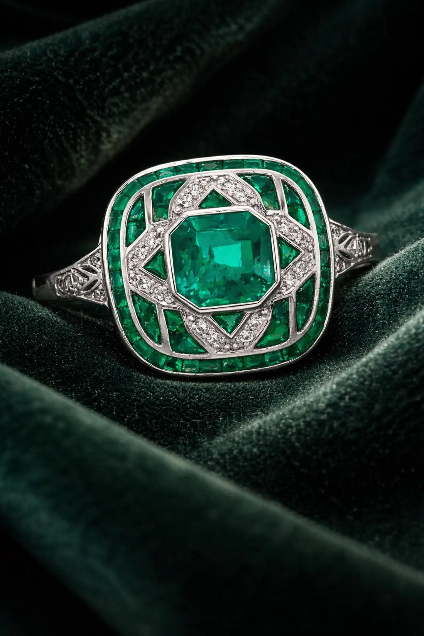 Natural Emerald Diamond Cocktail Art Deco Ring, in White Gold