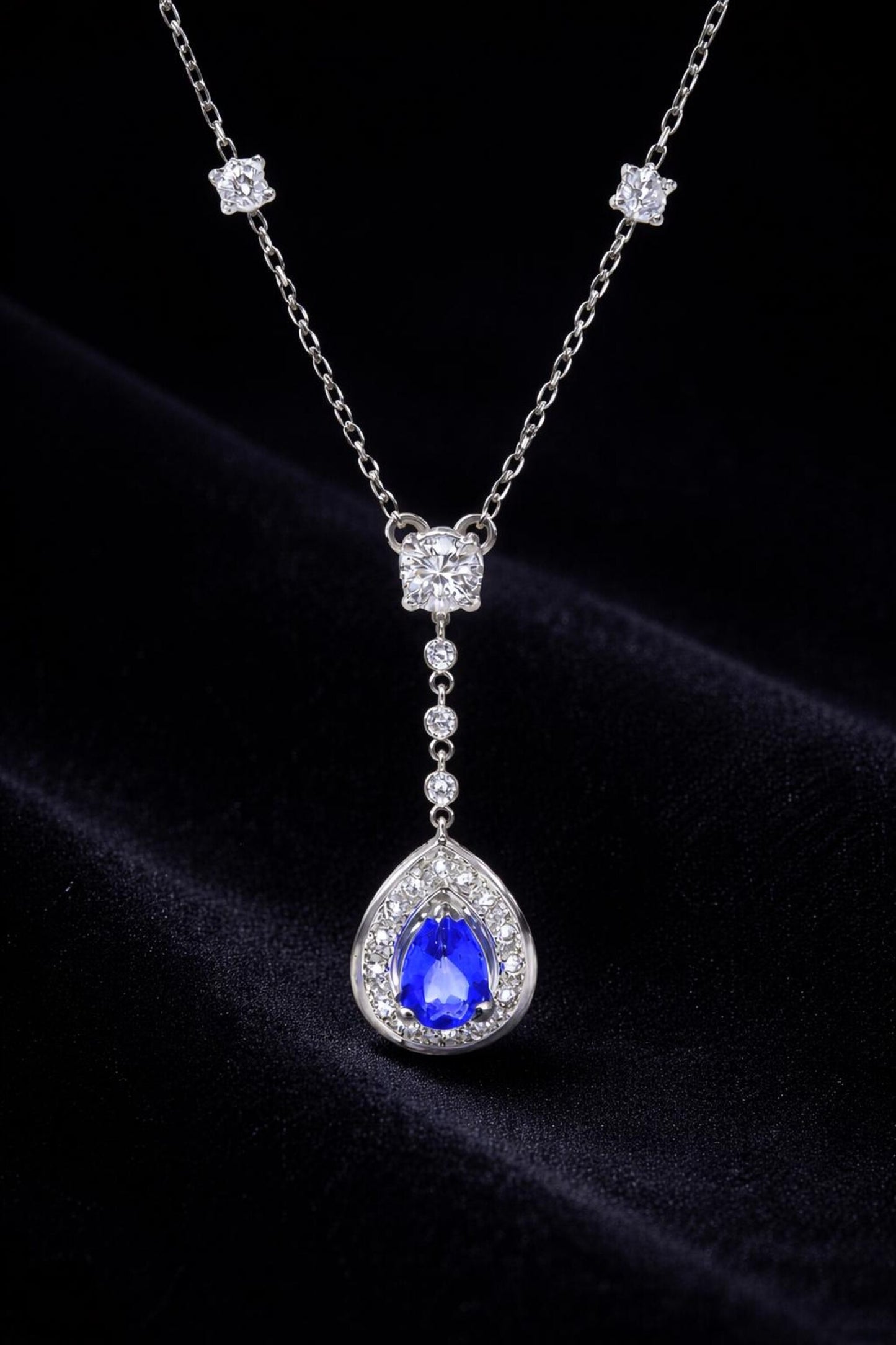 Natural Pear Shaped Tanzanite Diamond Halo Cocktail Necklace Pendant White Gold