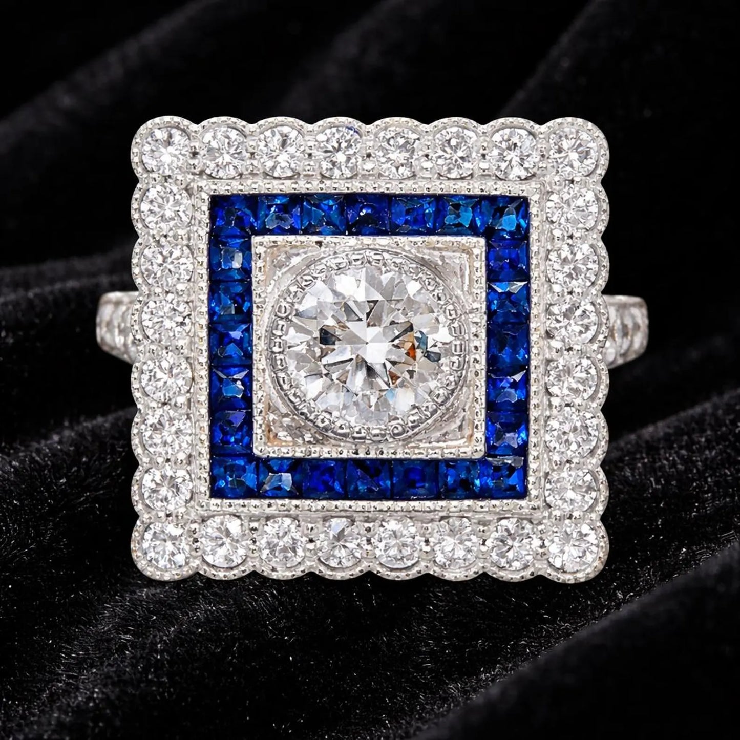 Natural Diamond and Blue Sapphire Halo Art Deco Bridal Ring, in White Gold