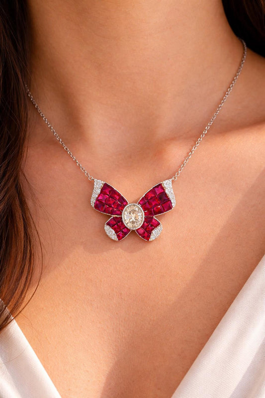 Natural Diamond and Ruby Butterfly Pendant Necklace, White Gold