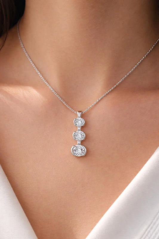 Natural Mined Round Diamond Three Stone Pendant Half Bezel, in White Gold