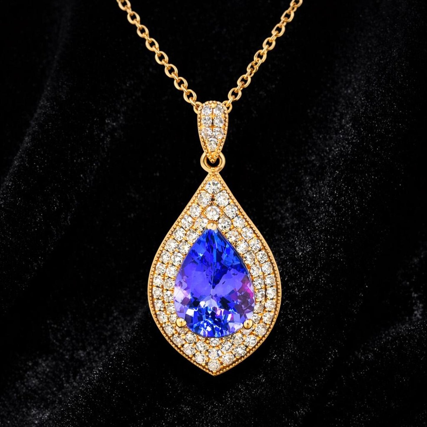 Natural Tanzanite Diamond Halo Cocktail Pendant, in Yellow Gold
