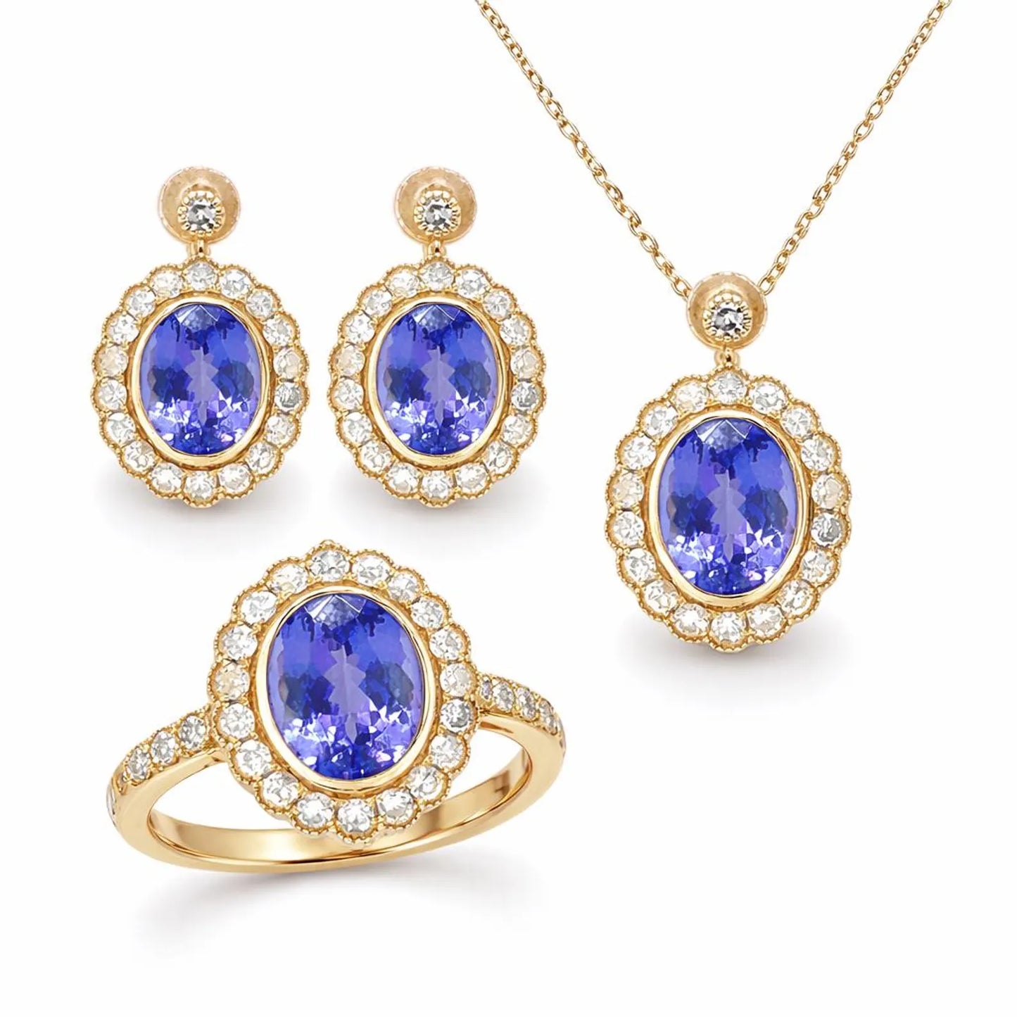 Natural Tanzanite and Diamond Art Deco Cocktail Earrings Yellow Gold