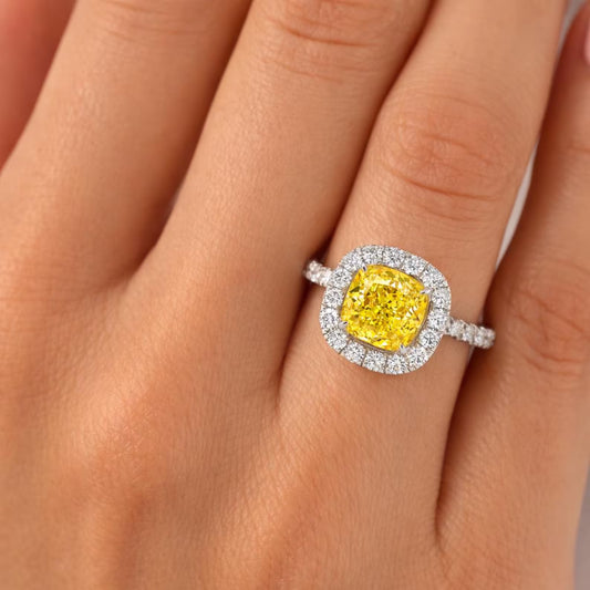 Natural Cushion Cut Fancy Yellow Diamond Halo Ring, in White Gold
