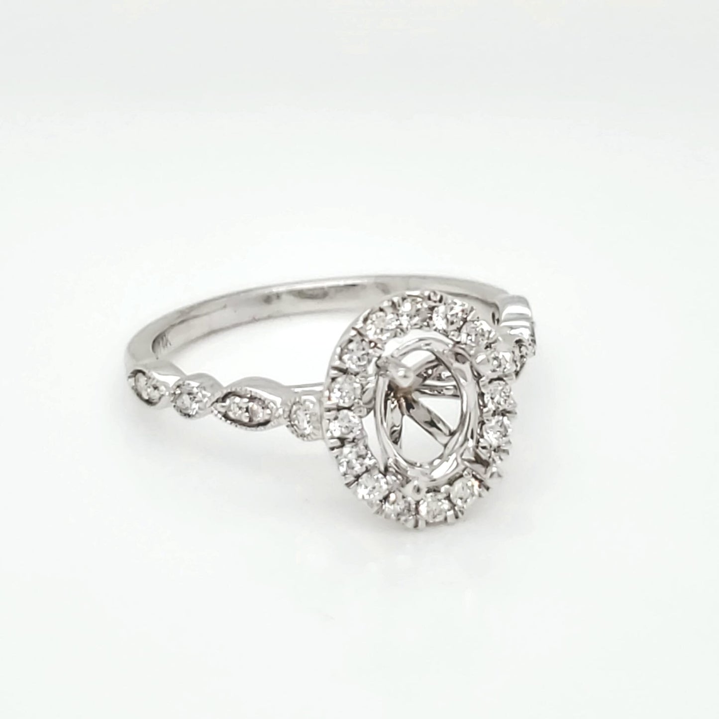Semi-Mount Fits 7 x 5 mm with Natural Round Diamond Halo Ring, in White Gold