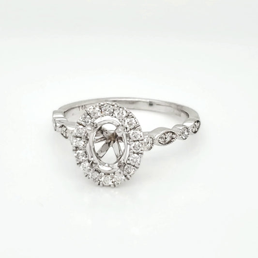 Semi-Mount Fits 7 x 5 mm with Natural Round Diamond Halo Ring, in White Gold