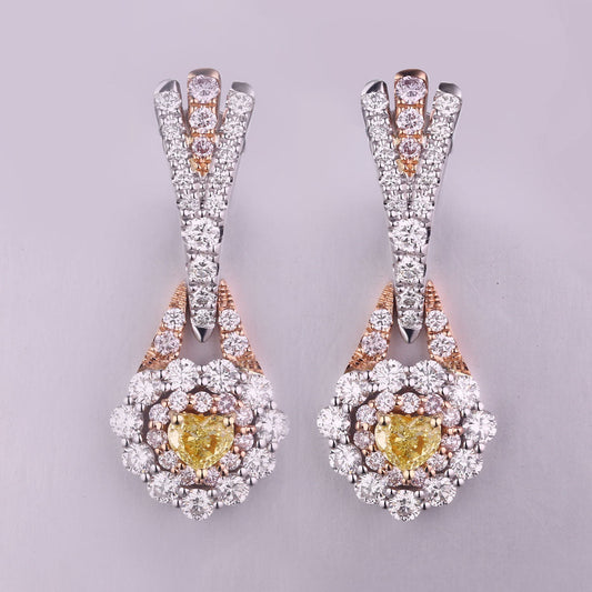 2.14 ct.tw. Natural Fancy Yellow Heart Diamond Halo Cocktail Earring, in Tri-Tone Gold