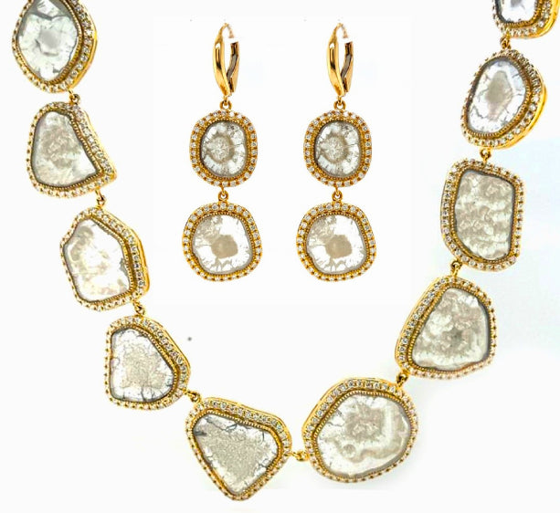 Natural Mined Diamond Slices Necklace and Dangling Earring Set Yellow Gold