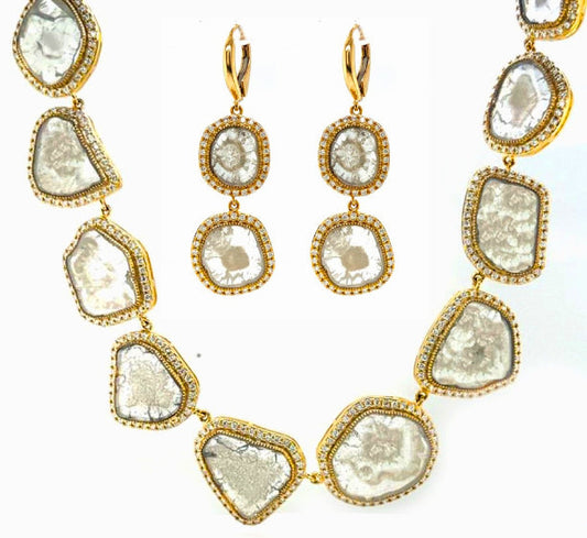 Natural Mined Diamond Slices Necklace and Dangling Earring Set Yellow Gold