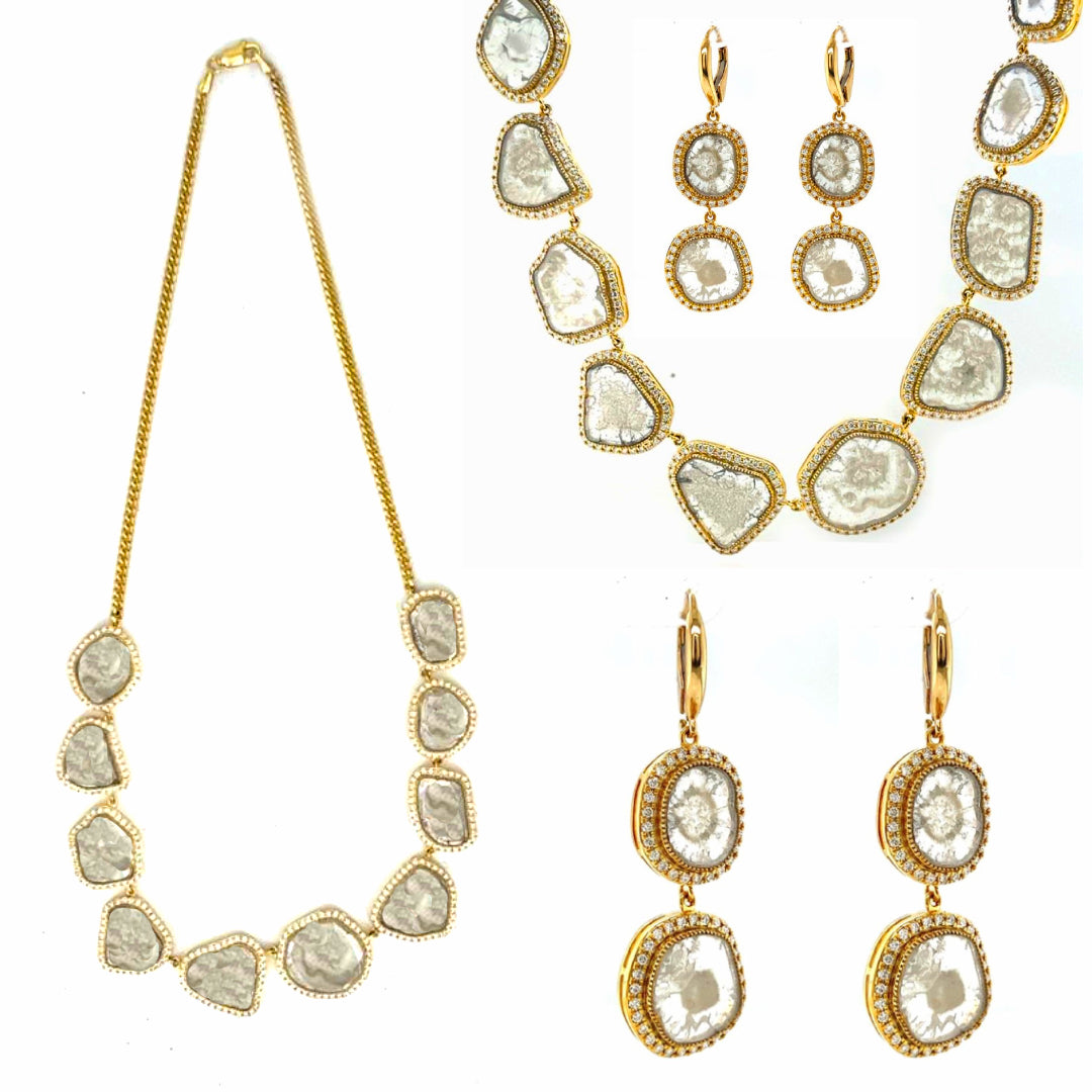 Natural Mined Diamond Slices Necklace and Dangling Earring Set Yellow Gold