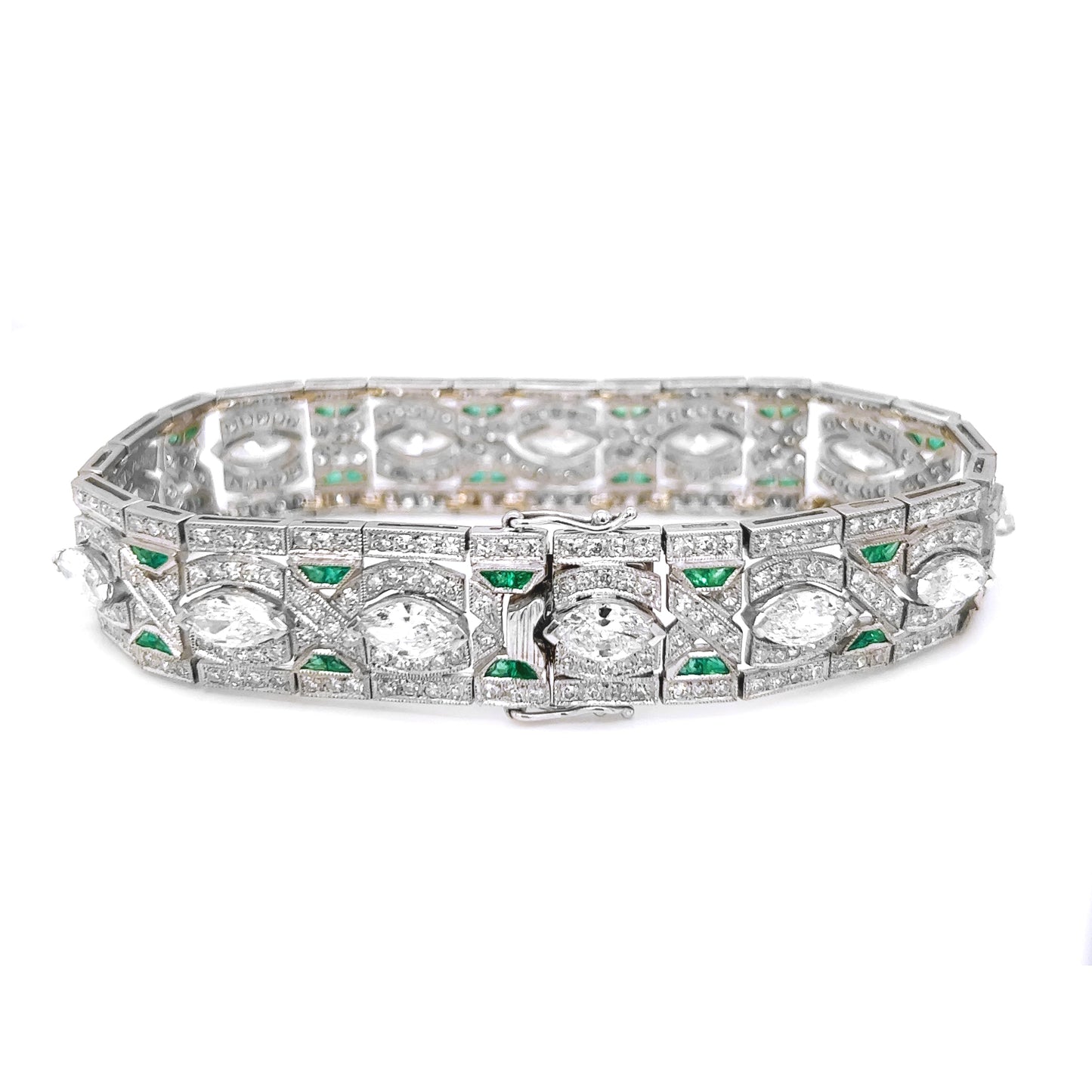 Natural Mined Diamond with Emerald Art Deco Platinum Cocktail Bracelet