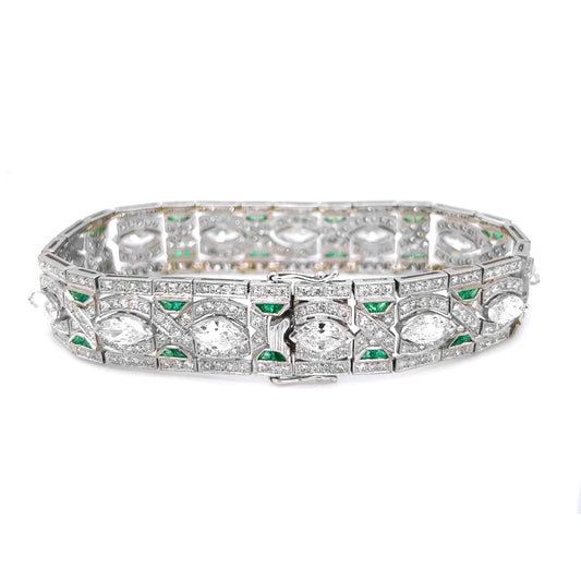Natural Mined Diamond with Emerald Art Deco Platinum Cocktail Bracelet