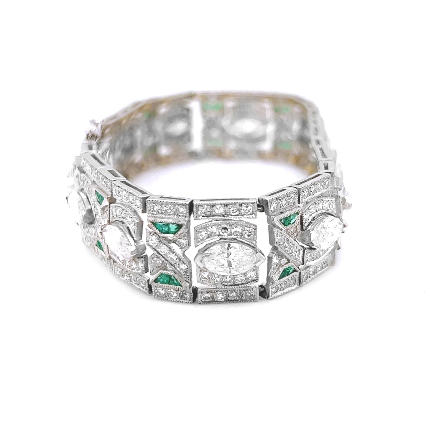 Natural Mined Diamond with Emerald Art Deco Platinum Cocktail Bracelet