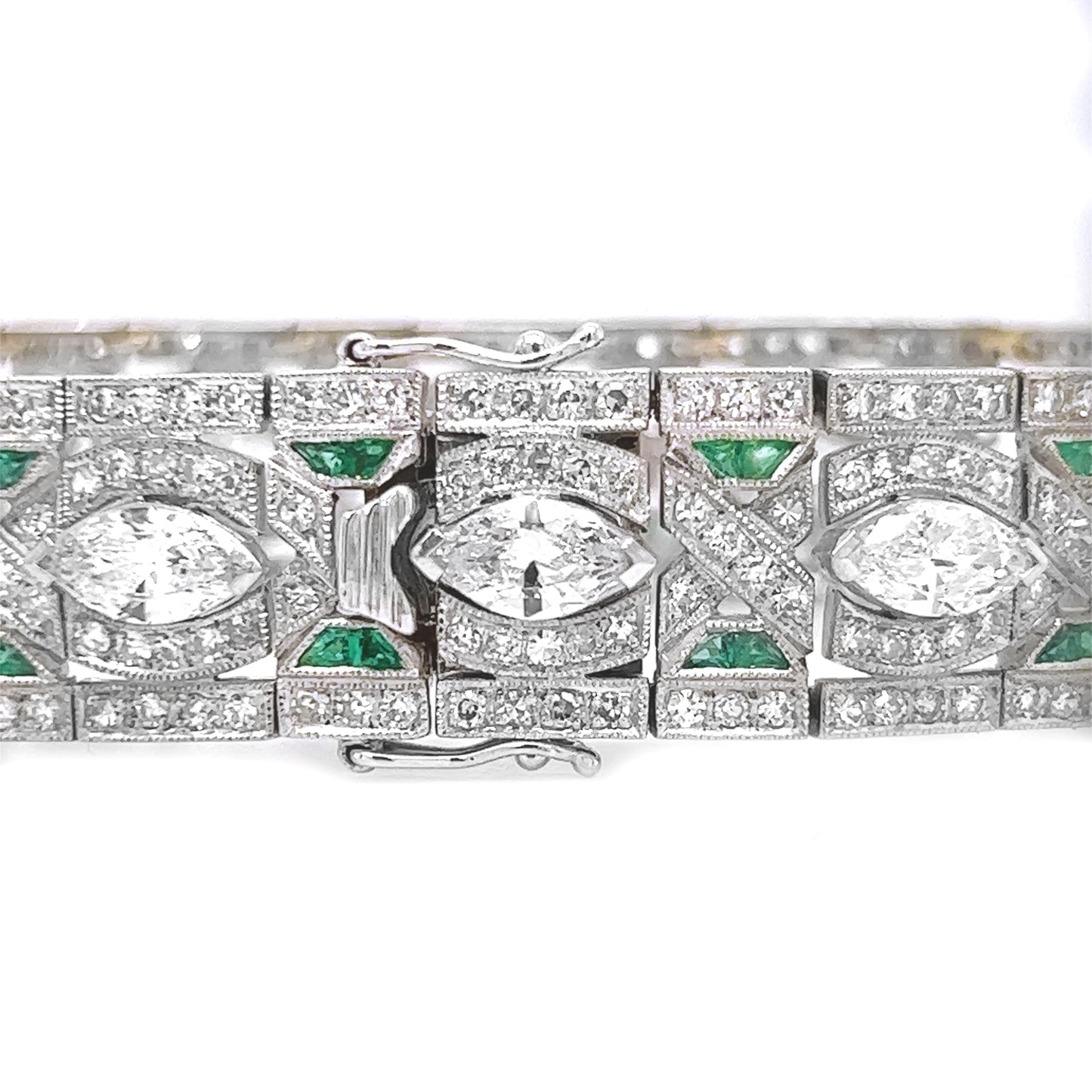 Natural Mined Diamond with Emerald Art Deco Platinum Cocktail Bracelet