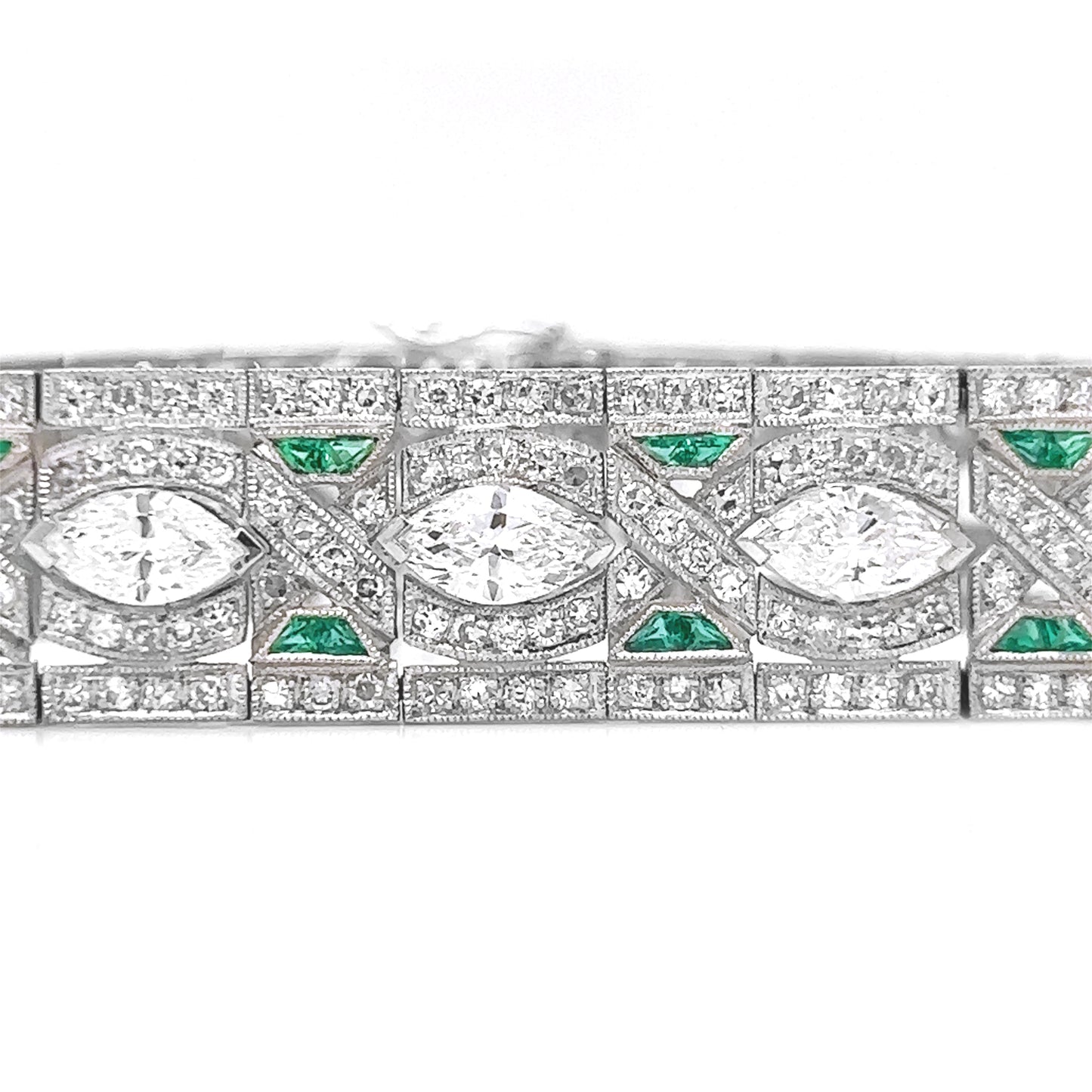 Natural Mined Diamond with Emerald Art Deco Platinum Cocktail Bracelet